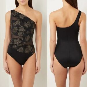 Miraclesuit Black Gold Sari not Sari One Piece One Shoulder Swimsuit